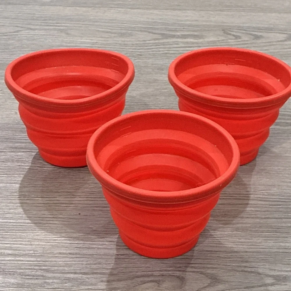 Lot of (3) Red Collapsible Camping or Pet Bowls; China, Needs Wash